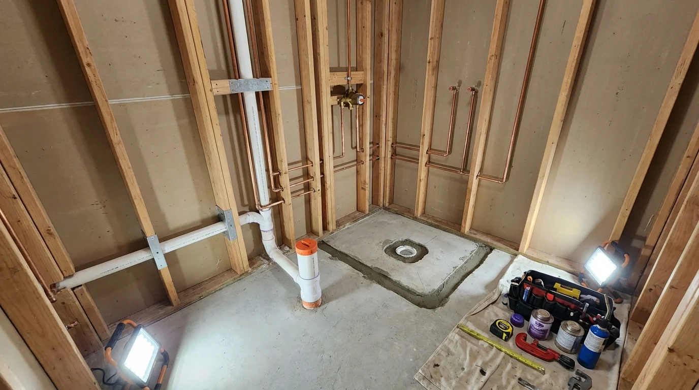 Bathroom rough-in plumbing during remodel by Johns Plumbing LLC in Fritch