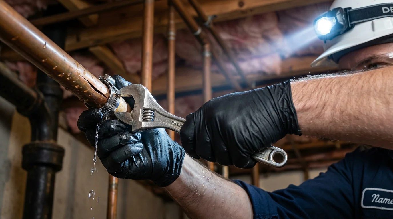 Emergency pipe clamp repair being performed by a Johns Plumbing LLC plumber in Fritch