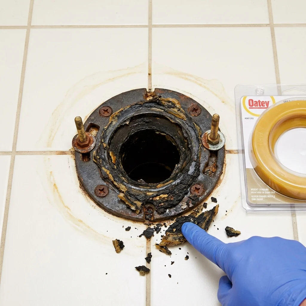 Failed wax ring showing water seepage at the base of a toilet in a Fritch, TX home