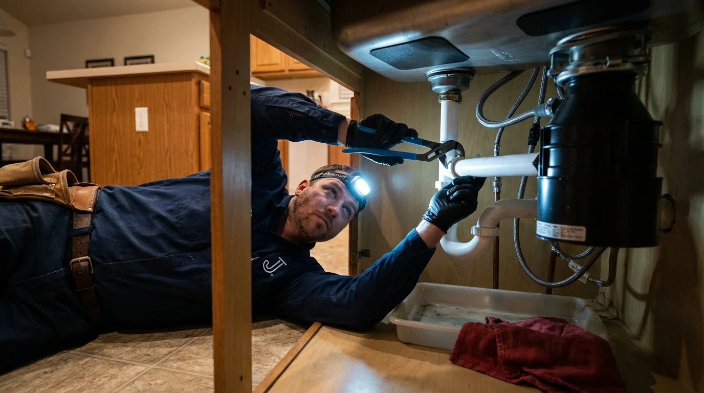P-trap and supply line connections under a kitchen sink showing a common leak point in Fritch, TX
